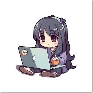 Kawaii anime girl using laptop Posters and Art